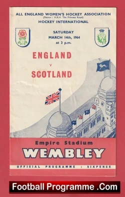 Vintage football programme cover for England vs Scotland at Empire Stadium Wembley, March 14, 1964, with stadium illustration and flags.