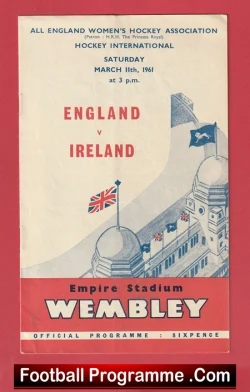 Vintage football programme cover for England vs Ireland at Empire Stadium Wembley, March 1961 with British flag imagery.