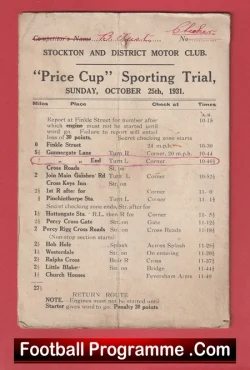 Front page of a vintage motor trial program: 'Price Cup Sporting Trial' for Stockton and District Motor Club, dated Oct 25, 1931, with event list and times.