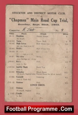 Vintage programme page for the Chapman Main Road Cup Trial by Stockton and District Motor Club, listing schedule/times and entries; red FootballProgramme.com footer visible.