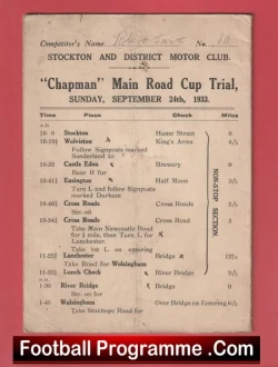 Vintage football programme page for Chapman Main Road Cup Trial with match schedule and venues, framed in red.
