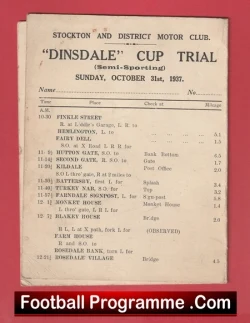 Vintage football programme page for 'Dinsdale' Trial from Stockton and District Motor Club, dated Sunday October 31st, 1937, showing a fixture list; watermark reads 'Football Programme.Com' at the bottom.