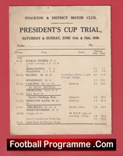 Front page of a 1938 football programme titled 'President's Cup Trial' for Stockton & District Motor Club, listing match fixtures and venues for June 11–12, with a vintage newspaper-like layout.