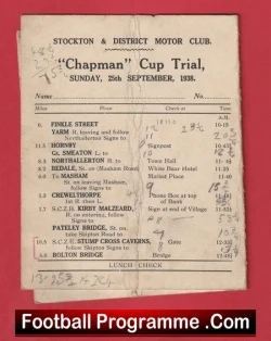 Vintage football programme titled 'Chapman Trial' from Stockton & District Motor Club, dated Sunday 25 September 1938, with match listings on pink paper.