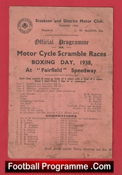 Vintage 1938 motor cycle scramble racing program cover from Stockton and District Motor Club, Fairfield Speedway, Boxing Day edition.