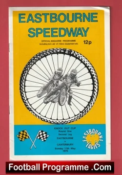 Eastbourne Speedway official programme cover with two riders inside a wheel on a bright yellow and turquoise background; price 12p.