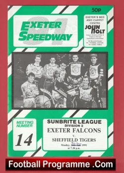 Exeter Speedway football programme cover featuring a group photo of riders, green diagonal stripes, and match details Exeter Falcons against Sheffield Tigers.