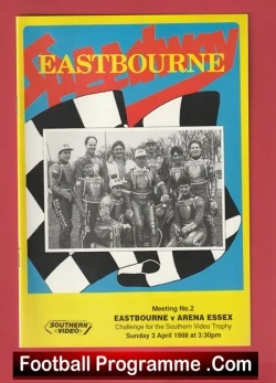 Front cover of a vintage Eastbourne football programme with a black-and-white team photo over a bright geometric background and match details at the bottom labeled 'Football Programme'.