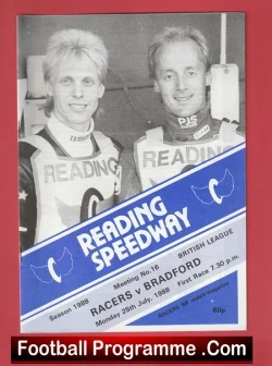 Black-and-white photo of two Reading Speedway riders in racing suits on a programme cover, with a blue/diagonal 'READING SPEEDWAY' banner and 'Football Programme .Com' at the bottom.