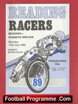 Vintage poster for the Reading Racers speedway match (July 17, 1989) featuring a rider on a blue-and-white motorcycle with event details.