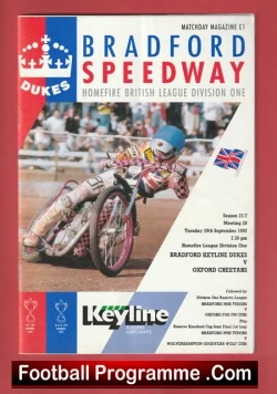 Bradford Speedway matchday magazine cover showing a rider on a speedway bike racing, UK flag emblem, and the 'FootballProgramme.com' banner at bottom.