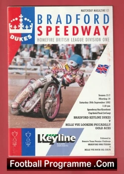 Bradford Speedway magazine cover showing a speedway rider in a blue helmet on a racing bike; 'Football Programme.Com' footer.