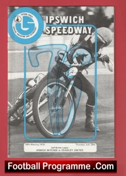 Cover of a vintage Ipswich Speedway programme showing a speedway rider on a bike, with the Ipswich Speedway logo and a blue frame.