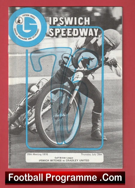 Black-and-white Ipswich Speedway program cover featuring a rider in action with a blue autograph overlay and circular logo in the corner.