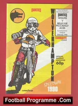 Vintage speedway programme cover with a rider on a motorcycle against a yellow–red background; reads Speedway 1990 in bold text.