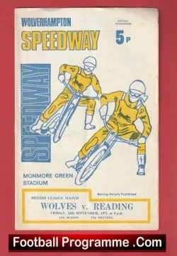 Vintage Wolverhampton Speedway programme cover showing two yellow-and-blue speedway riders in action at Monmore Green Stadium, price 5p.
