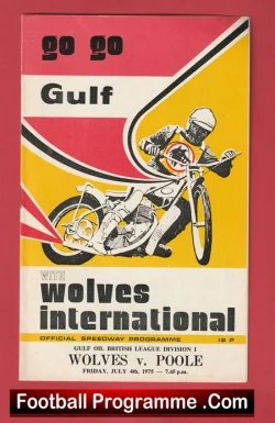 Vintage Wolves International football programme cover featuring a motorcyclist illustration and bold 'go go Gulf' and 'wolves international' text.