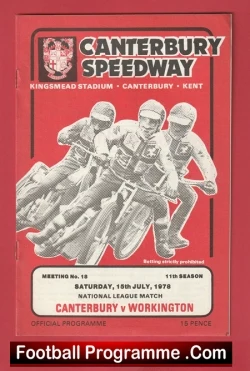 Red Canterbury Speedway poster with an action drawing of speedway riders; notes 9 July 1978 National League match Canterbury vs Workington, official programme.