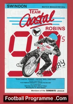 Speedway programme cover with a rider on a motorcycle performing a jump, bold red number 0, and 'Team Coastal Robins' branding at top.