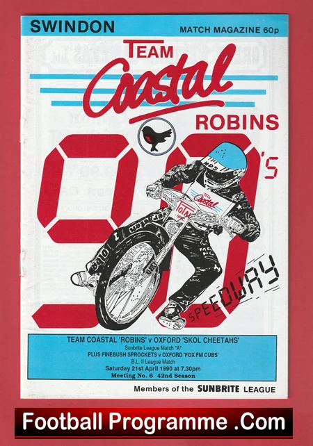 Retro football programme cover featuring a speedway rider on a motorcycle, with bold red numbers in the background and the words 'Team Coastal Robins' across the top.
