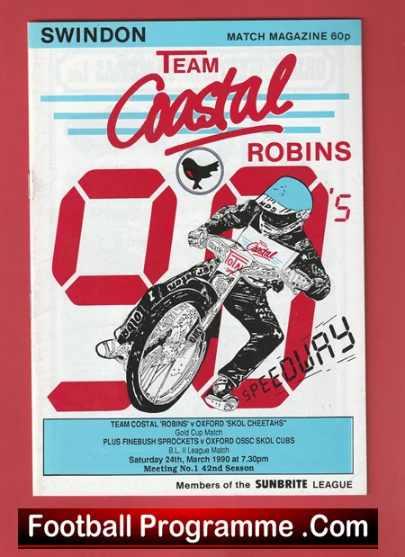 Swindon match programme cover for Team Coastal Robins, showing a speedway rider on a motorcycle with bold red digits in the background and blue accents.