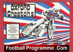 Vintage poster for Oxford Cheetahs motorcycle team, showing a rider on a dirt bike with red-white-blue rays and the words 'Football Programme .Com'.