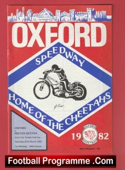 Oxford Speedway programme cover in red, with a large 'OXFORD' title, a blue-and-white diamond logo featuring a motorcyclist, and 'Home of the Cheethahs' with the year 1982.