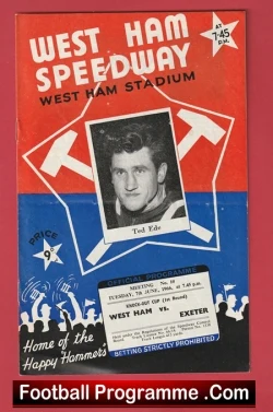 Vintage West Ham Speedway programme cover with red top, blue bottom, a black-and-white portrait photo in a tilted frame, ticket-stub graphics, and 'Football Programme.Com' at the bottom.