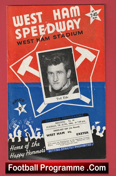 Red-and-blue West Ham Speedway poster featuring a black-and-white photo of Ted Ede, with bold white text 'West Ham Speedway' and a small program card graphic.