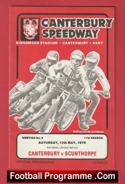 Canterbury Speedway official programme cover showing four speedway riders in action on a red background, advertising Canterbury vs Scunthorpe.