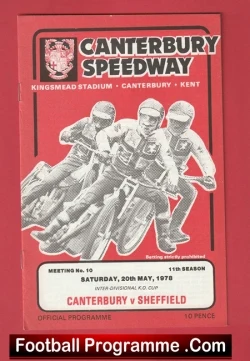 Canterbury Speedway programme cover featuring four riders; meeting no. 10, 11th season, Sat May 20, 1978, Canterbury vs Sheffield.