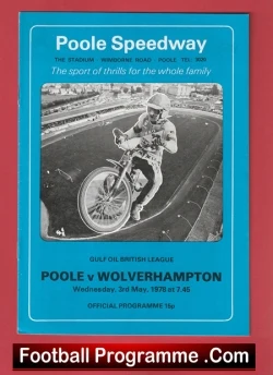 Blue Poole Speedway programme cover with a black-and-white photo of a speedway rider on a bike; Poole vs Wolverhampton, 3 May 1977 (Gulf British League).
