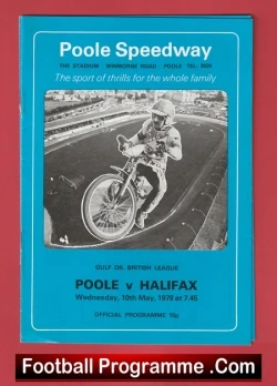 Blue Poole Speedway programme cover showing a black-and-white rider on a motorcycle; Poole vs Halifax with event details on a blue background.