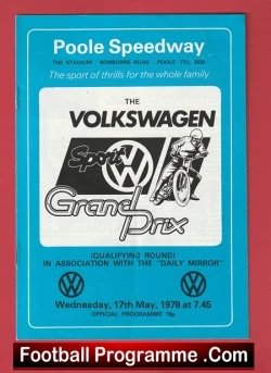 Poster advertising Poole Speedway Grand Prix motorcycle race with Volkswagen branding, dated May 17, 1978 (blue poster on red background).