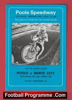 Front cover of a Poole Speedway programme: blue background, action photo of a speedway rider on a motorcycle, with event text visible.