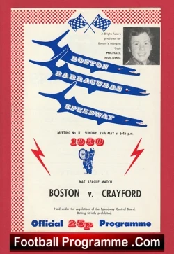 Poster-style speedway programme cover for a 1980 meeting: Boston vs Crayford, blue rider silhouettes, red '1980', small photo with caption in the corner, price 25p and 'Official Programme' at the bottom.