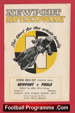 Poster for Newport Speedway featuring a motorcyclist on a speedway bike over a yellow-and-black circle; includes 'Newport Speedway' headline and event details at the bottom.