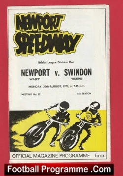 Official Newport Speedway programme cover for Newport vs Swindon, British League Division One, with two motorcycle racers illustration and a red Football Programme banner.