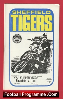 Front cover of a programme for a Sheffield Tigers match, with a bold yellow 'TIGERS' title and a black-and-white illustration of a rider on a motorcycle, plus a Gulf Oil logo and 'Football Programme .Com' at the bottom.