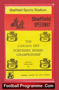 Poster-style cover advertising the Canada Dry Northern Riders' Championship at Sheffield Speedway, with Sheffield Sports Stadium and souvenir programme text visible