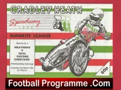 Vintage Cradley Heath Speedway program cover featuring a rider on a motorcycle over red and green stripes, with 'Football Programme.Com' at the bottom.