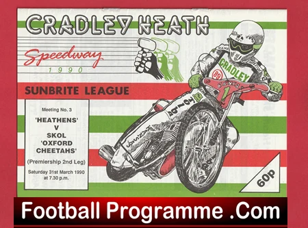 Vintage Cradley Heath speedway program cover (1990) featuring a rider on a racing motorcycle with bold 'Football Programme .Com' text at the bottom.