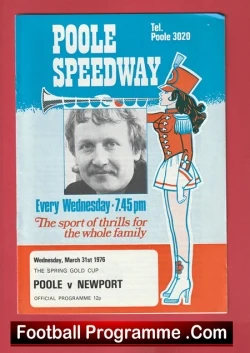 Front cover of a vintage Poole Speedway football programme with a black-and-white portrait, a cartoon dancer, and bold blue-and-red graphics.
