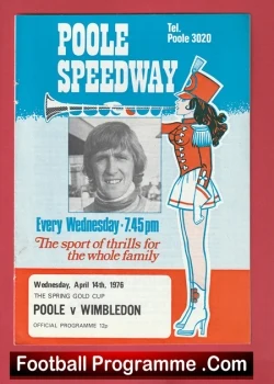 Poole Speedway program cover featuring a black-and-white photo of a smiling man, a cartoon pin-up girl, and bold white Poole Speedway title on blue background. Includes Wednesday 7.45 pm and Poole vs Wimbledon details.