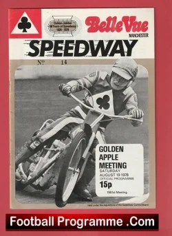 Vintage Speedway programme cover showing a rider on a motorcycle, with a 'SPEEDWAY' masthead, a 'GOLDEN APPLE MEETING' box, and a 'Football Programme.com' footer.