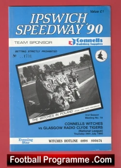 Front cover of an Ipswich Speedway '90 programme: blue border, team photo on a race track, with sponsor logos and price visible.