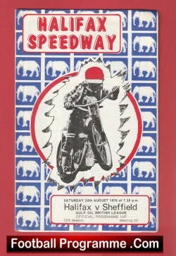 Halifax Speedway poster featuring a motorcyclist in a circular frame against a blue bear-pattern background; Halifax vs Sheffield, 20 Aug 1976, 7:30 pm, FootballProgramme.com footer.
