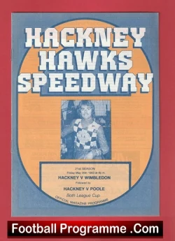 Poster cover for Hackney Hawks Speedway with a rider photo center, orange circle on a blue background and season details.