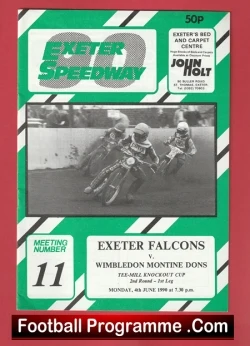 Exeter Falcons speedway programme cover with a black-and-white action photo of riders and match details like meeting 11 and sponsor info.