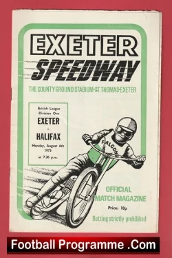 Vintage Exeter Speedway program cover with a speedway rider in motion, green accents, and match details (Exeter vs Halifax) plus 'Football Programme .Com' at the bottom.